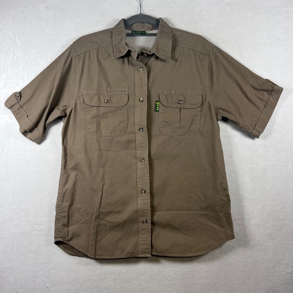 TAG Safari Womans Large Khaki Brown Cotton Short Sleeve Vented Back Travel Shirt